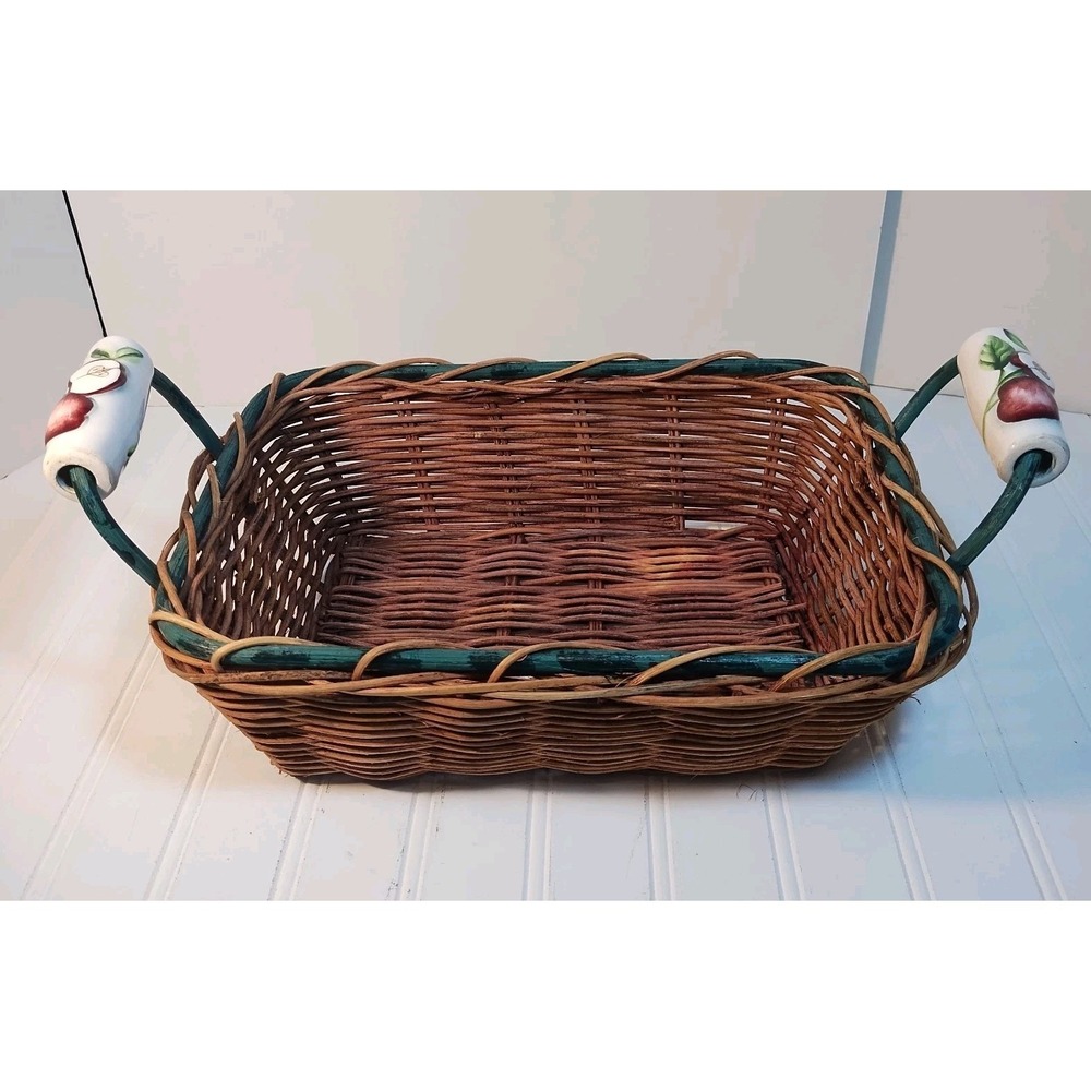 Vintage Woven Wicker Basket Ceramic Apple Handles Green Trim Rectangular Cottage